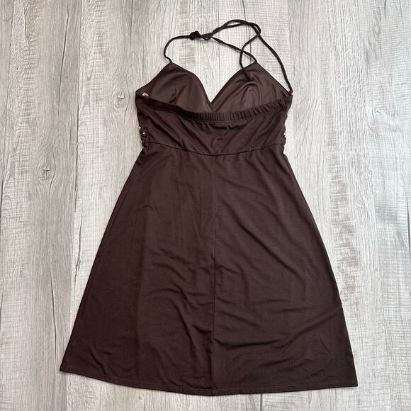 My Michelle Brown Boho Halter Dress WMNS L Knitted Empire Waist Open Back Mini - Picture 9 of 11